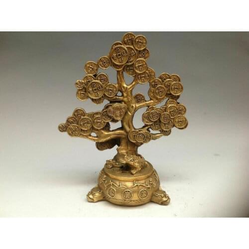 Chinese Brass Copper Feng shui Lucky Wealth Money YuanBao Coin Tree Statue