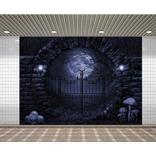 Lyavshi Halloween Backdrops Old Stone Arch Door Iron gate Moon Tree Branch Baby Photographic Backgrounds Photocall Photo Studio