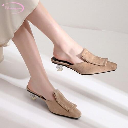 Casual summer comfort square toe slippers nubuck fashion slip apricot black mules medium heel chunky womens shoes big size