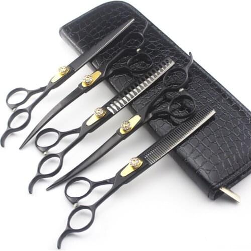 6 kit Professional Japan 440c 7 '' black pet dog grooming hair scissors set cutting shears thinning barber hairdressing scissors