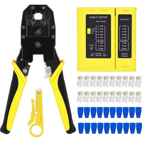 RJ45 Crimp Tool Kit with 20PCS Cat5 RJ45 Connectors, 20PCS Strain Relief Boots, 1 Mini Wire Stripper 1 RJ45 Cable Tester