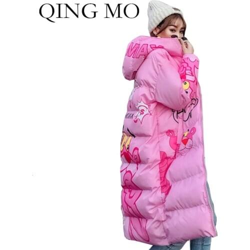QING MO Hot Sale Pink Panther Women Parkas 2021 Winter Women Hooded Parkas Streetwear Loose Cotton Padded Coat Lovely ZQY2219