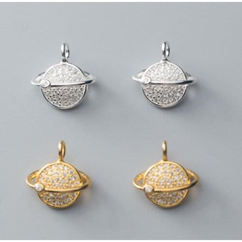 925 Sterling Silver Micro Paved Zircon Planet Charms 13mm Small Fancy Plated Gold Dangle Pendants DIY Jewelry Earring Materials