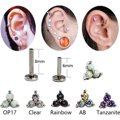 1Pcs Surgical Steel&Titanium Opal Zircon Trios Threaded Labret Stud Lip Ring Ear Tragus Cartilage Earring Body Piercing Jewelry