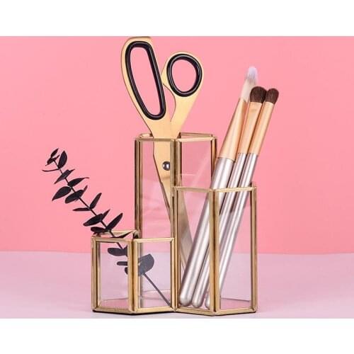 Glass Copper Hexagon Composite Pen Holder Makeup Brush Glass Box Multifunction Desktop Organizer Office Accessories