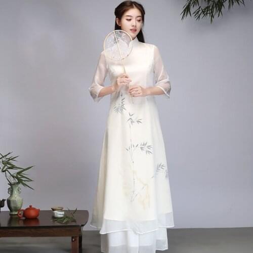 2021 traditional vietnam ao dai chinese set qipao for women flower print cheongsam dress ethnic style costume aodai dress