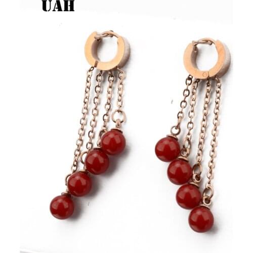 UAH Drop Dnagle Earrings For Women Dazzling Red Stones Tassel Earrings oorbellen Stainless Steel Jewelry