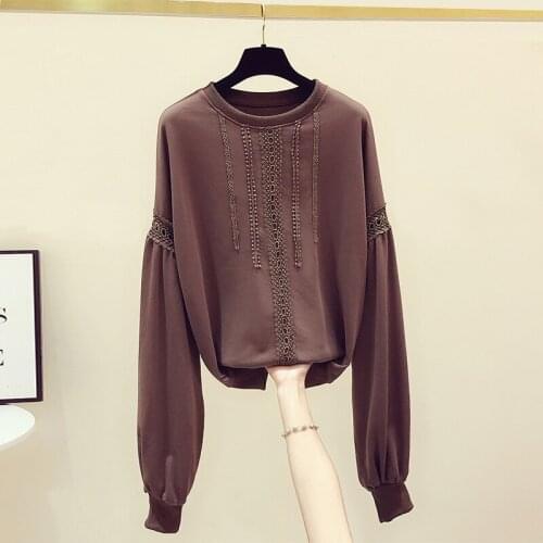 2020 Autumn New Korean Sweatshirt Lace Stitching Long Sleeve Solid Color Hoodie Womens O-Neck Casual All-Matching Hoodies Top