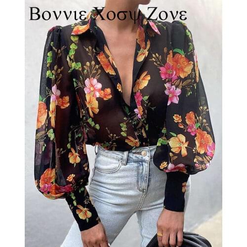 Women V-Neck Floral Print Bishop Sleeve Slim Blouse Long Sleeve Chic Shirt