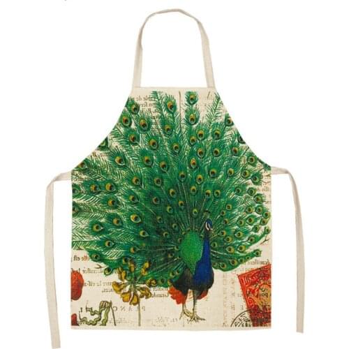 Peacock Printed Kitchen Apron for Woman Home Cooking Baking Coffee Shop Cleaning Accessory Cotton Linen Bib Barber Apron Men