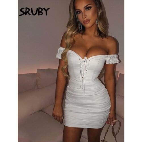 SRUBY Off Shoulder Sexy Dress Women Summer Criss-cross Lace Up Ruched Bodycon Dress Black Backless Party Mini Dress White 2020