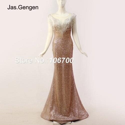 New Tassel Illusion Sheer Neck Evening Dress Elegant Glitter Shining Fabric Mermaid Prom Gown 1167 robe de soiree