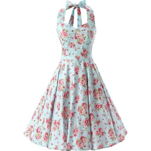 Floral Print Pin Up Dress Vintage 50s Party Elegant Summer Cotton Hepburn Sexy Halter Backless Robe Femme Flower Retro Dresses