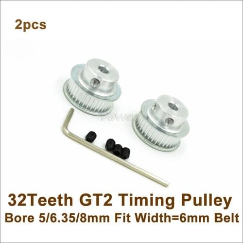POWGE 2pcs 32 Teeth 2GT Timing Pulley Bore 5/6.35/8mm Fit W=6mm GT2 Timing Belt 3D Printer 32Teeth 32T GT2 Timing Belt Pulley
