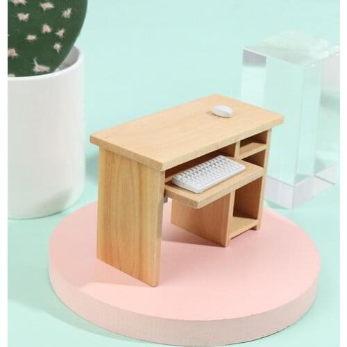 1 Set 1/12 Dollhouse Miniature Desk With Keyboard And Mouse Wooden Toys Dollhouse Furniture For Dollhouse Decals