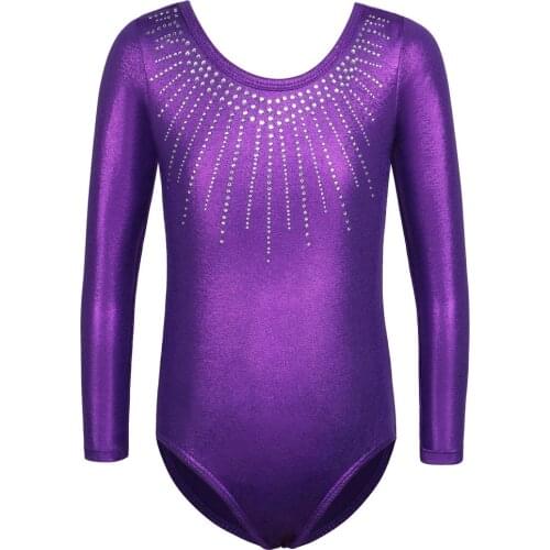 BAOHULU Girls Ballet Leotard Long Sleeve Rhinestone Gymnastics Leotard One Piece Purple Dance Costumes for 3-14 Years Children