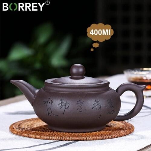 BORREY Yixing Purple Clay Teapot 400Ml Zisha Teapot Chinese Kung FU Tea Set Handmade Ceramic Clay Kettle Gift Oolong Puer Teapot