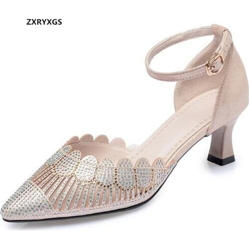 2020 New Pointed Microfiber Mesh Rhinestone Slippers Summer Women Sandals Breathable High Heel Shoes Woman Fashion Sandals