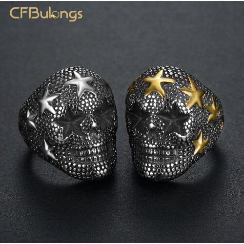 CFBulong New Store Cool Gold Color Five-Pointed Star Skull Mens Ring Stainless Steel Punk Motorcycle Riders Finger Ring
