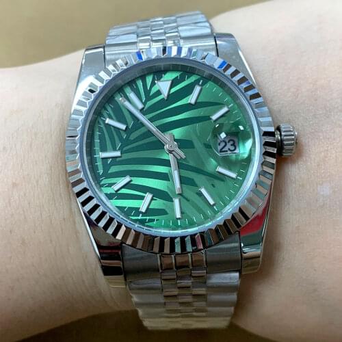 Watch 36mm assembly 2813 movement with green dial calendar window stainless steel case mineral glass automatic green luminous