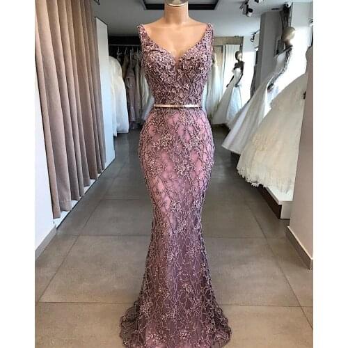 Long Mermaid Prom Dresses 2020 V Neck Lace Appliques Beads African Black Girls Formal Party Evening Gowns Party Wear Real Image