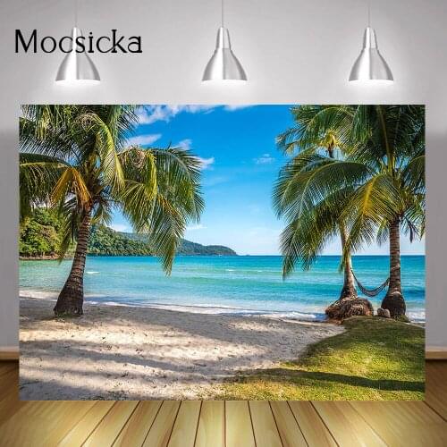 Summer Sea Beach Backdrop Photography Blue Sky Palm Trees Sunshine Background Summer Scenery Portrait Backdrops Photocall Props