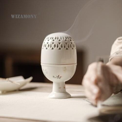 Flower meditation ceramic incense stove indoor household fireproof mosquito incense tray cover large incense stove decoration