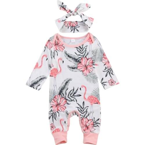2020 New Fall Autumn Newborn Baby Girls 2Pcs Set Flamingo Floral Print Long Sleeve Romper+Headband Toddler Infant Clothes