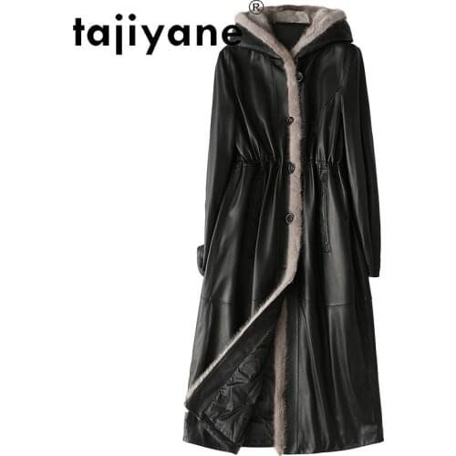 Jacket Leather Real Women White Duck Down Coat Woman Natural Mink Fur Collar Hooded Parkas Long Coats Casacos TN1323