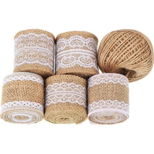 Natural Burlap Lace Craft Ribbon Roll with 130 Feet Jute Twine for DIY Handmade Valentine Wedding Favor Lace Linen