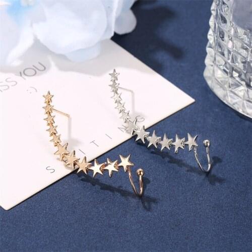 Five-pointed Star Retro Metal Earrings Star Shape Long Earcuffs Bohemian Crystal Clip On Ear Cuff Jewelry Gift for Girls 264E