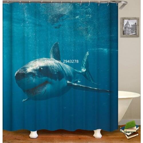 Marine Animal Shark Dolphin Turtle Printed Shower Curtain Waterproof and Mildew Proof with Hook Washable Bathroom Decoration