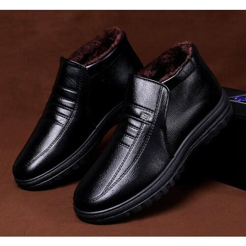 Mens Winter Shoes Plush Warm Non Slip Fashion Leather Boots Ankle Male Sneakers Father Black Grey Footwear