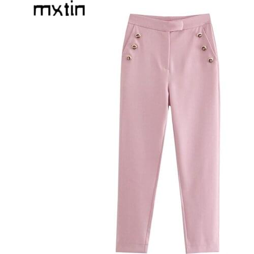 MXTIN 2021 Women Spring Fashion Solid Button Straight Pants Vintage High Waist Pockets Office Lady Wear Female Trousers Mujer