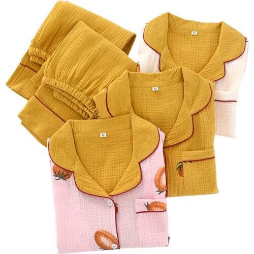 2020 Spring New Ladies Pajamas Set Sweet Strawberry Printed Women Turn-Down Collar Sleepwear Comfort Gauze Cotton Loose Homewear