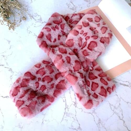 Pink Leopard Cross Loophole Collar Scarf Harajuku Furry Plush Warm Neckerchief