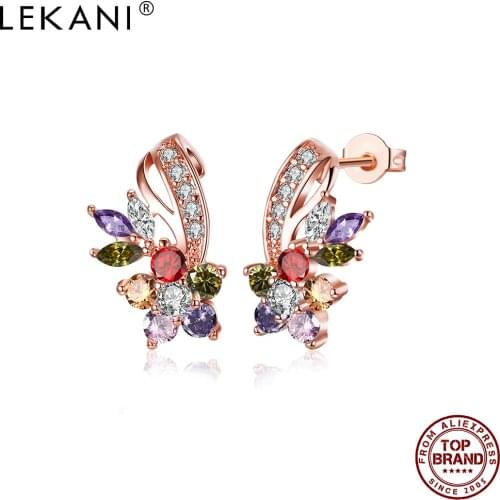 LEKANI Romantic Flower Stud Earrings For Women Rose Gold Color Full Cubic Zirconia Earring Wedding Fashion Jewelry New Arrival