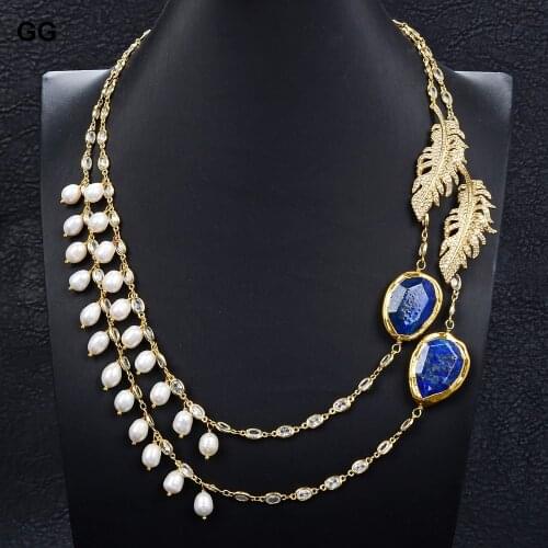 GuaiGuai Jewelry 22" Freshwater White Rice Pearl Lapis Chain Necklace CZ Pave Connector