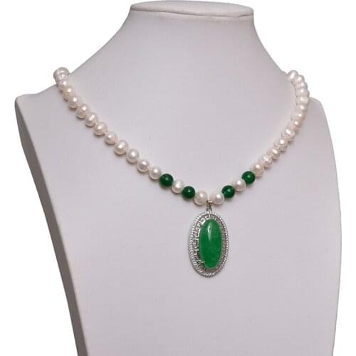 Green Beads and White Pearls 8-9mm with Oval Shape 22x31x9mm Pendant For Diy Chain Necklace 18inch For Noble Ladies Gifts H593
