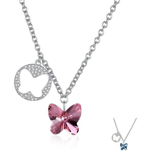 ZEMIOR 925 Sterling Silver Pendant Necklaces For Women Butterfly Round Romantic Austria Crystal Female Necklace New Arrival