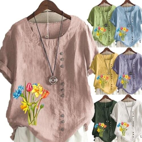 Womens Linen Shirt Round Collar Floral Printed T-shirt Short Sleeve Casual Shirt Ladies Plus Size Looes Tops & Blouses