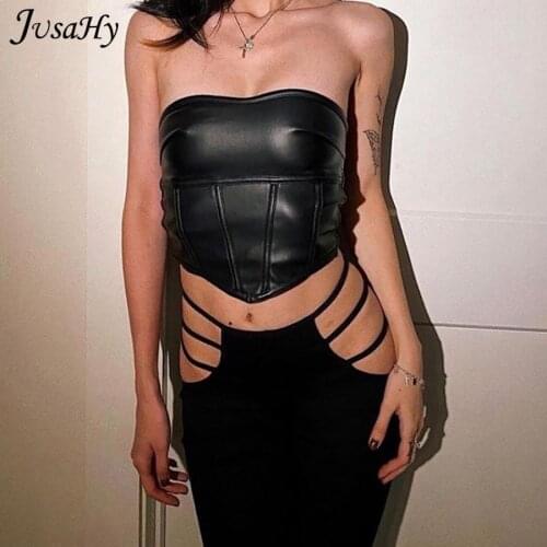 JusaHy PU Leather Bodycon Patchwork Irregular Corset Crop Top Women Chic Skinny Strapless Tank top Popular Casual Streetwear