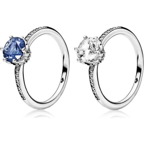 925 Sterling Silver Pan Ring Blue SParkling Crown Rings With Crystal For Women Wedding Party Gift Fashion Jewelry