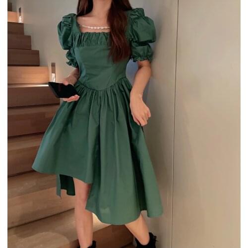 French Irregular Puff Sleeve Square Neck Beading Dress Womens Summer High Waist Short Slim Short Dresses