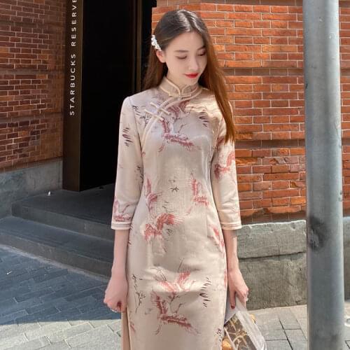 Chinese Style Vintage Autumn Women Cheongsam Slim Dress Elegant Temperament Spring Ladies Chic Stand Collar Traditional Dresses