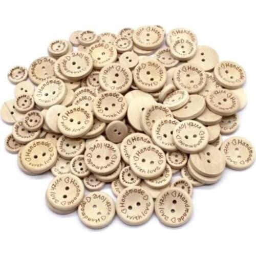 100Pcs Wooden Handmade with Love Round Crafts Decor 2 Holes Wooden Sewing Buttons