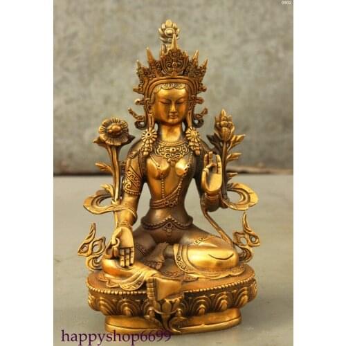 8" Tibet Buddhism Bronze Gilt Lotus Green Tara Goddess Kwan-Yin Buddha decoration Statue metal handicraft