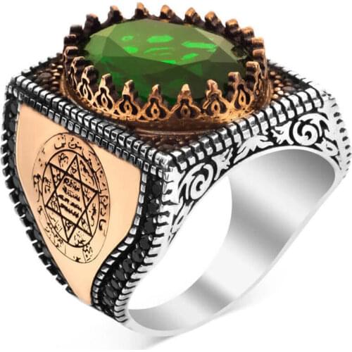925 Sterling Silver Seal of Solomon Ring with Green Zircon Stone Zirconia Ring for Men Religious Ring