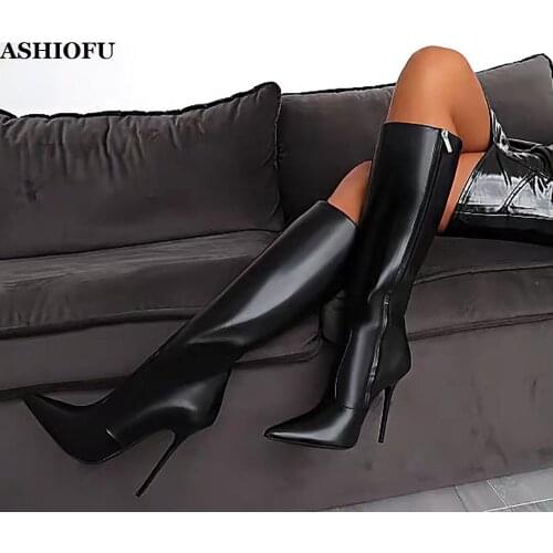 ASHIOFU Handmade Classic Ladies High Heel Boots Night-club Party Prom Dress Knee Boots Pointy Sexy Fashion Evening Boots Shoes
