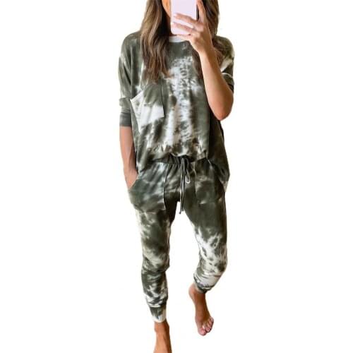 Women Sports Pants O Neck Suit Printed Pockets Loose Printed Two Pieces Casual Suit Loose Stylish Elastic Waist Matching Sets
